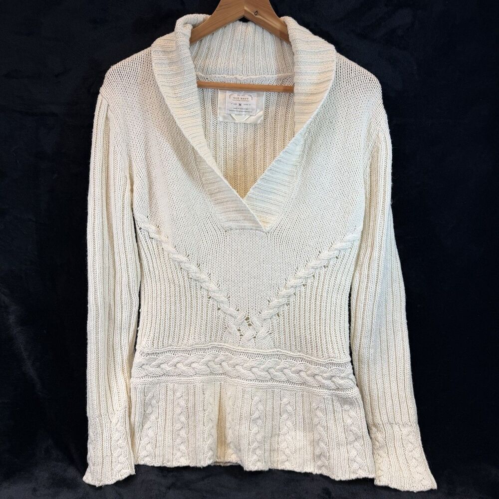 Old Navy Women's Ivory Cable Chunky Knit Cotton Blend V-Neck Sweater Y2K Size M
